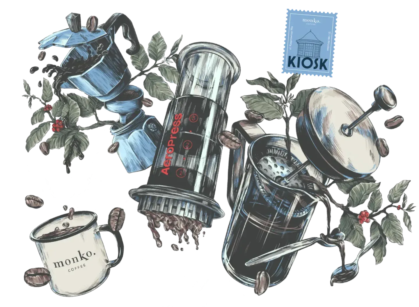 Ilustracje narzędzi do parzenia kawy — aeropress, drip, młynek